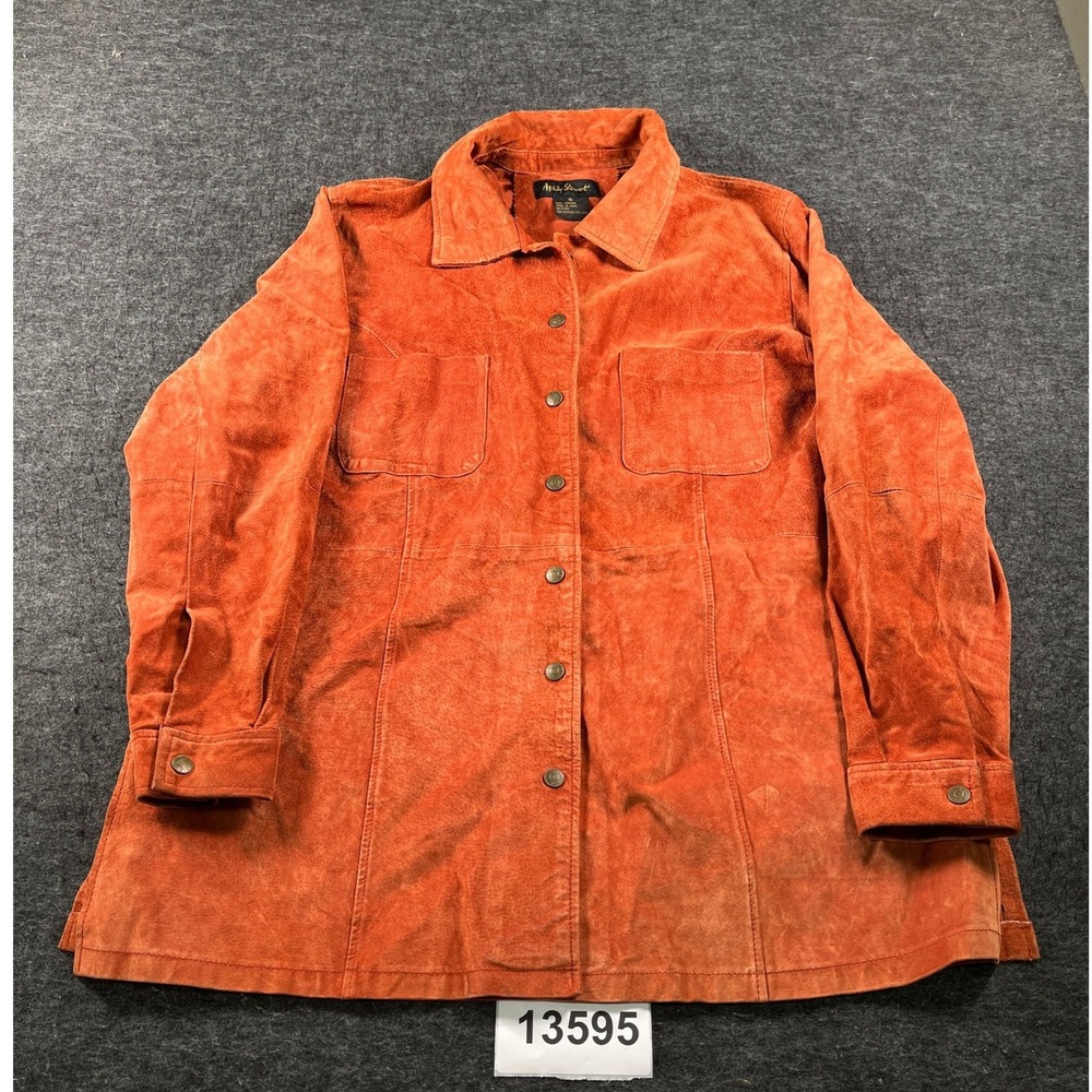 Vtg Ashley Stewart Suede Jacket Women 16 Orange Button Front Long Sleeve Shacket